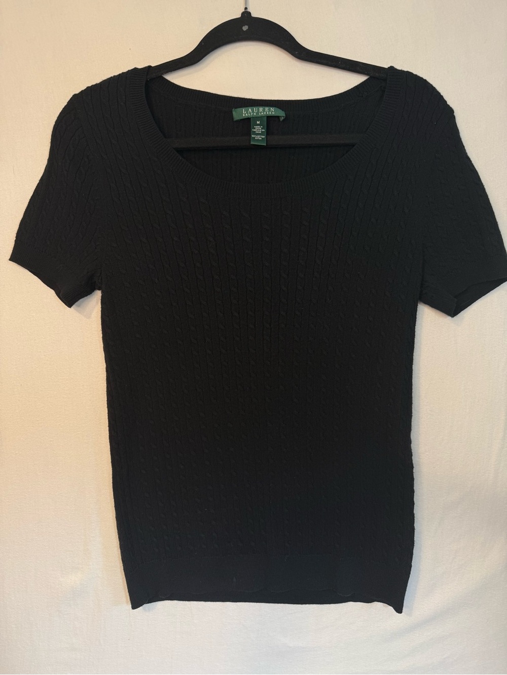 Ralph Lauren Black Cable Knit Scoop Neck Short Sleeve Top M